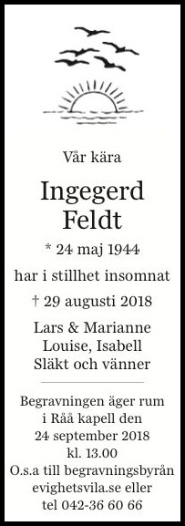Ingegerd Feldt Helsingborg 29 augusti 2018