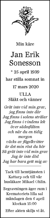 Jan-Erik Sonesson Kattarp 17 mars 2020