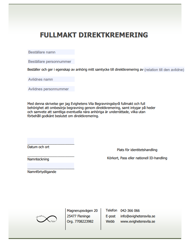Evighetens Vila Begravningsbyrå - Fullmakt Direktkremering