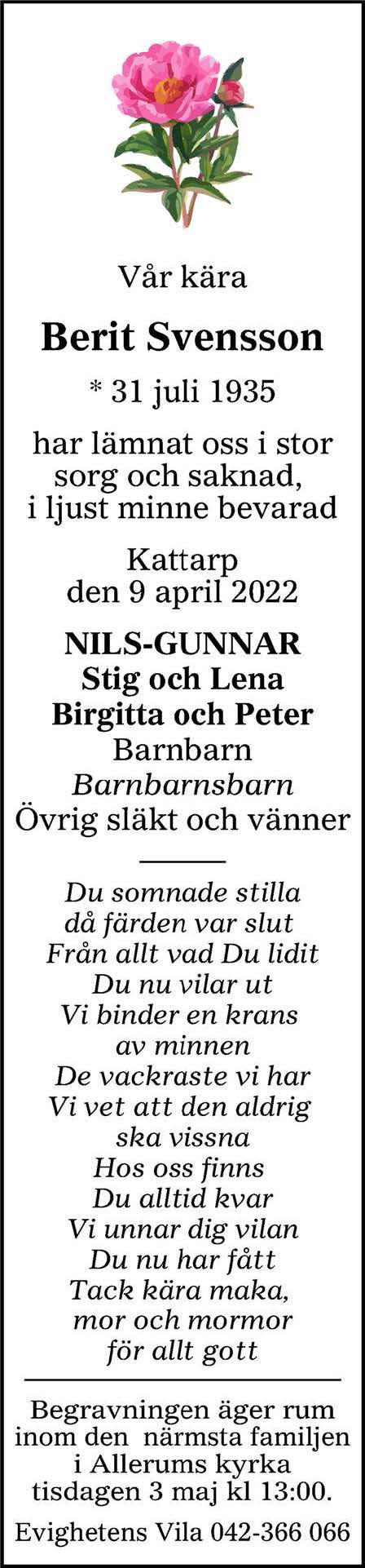 Berit Svensson Kattarp 9 april 2022