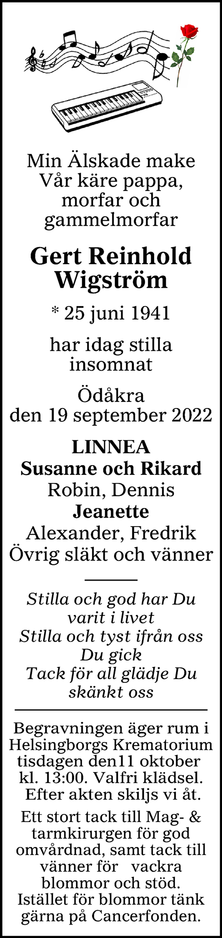 Gert Reinhold Wigström Ödåkra 19 september 2022